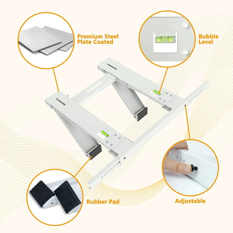 Drillless Window Air Conditioner Bracket For Easy Mounting, features rust-resistant epoxy coated steel, bubble level, adjustable