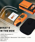 ZIBOO ET1013 digital manometer kit: orange handheld gauge with display, 4 white tubes, metal adapter, manual, black carry case