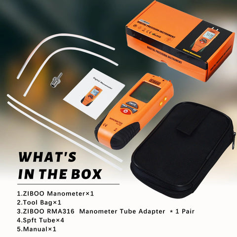 ZIBOO ET1013 digital manometer kit: orange handheld gauge with display, 4 white tubes, metal adapter, manual, black carry case