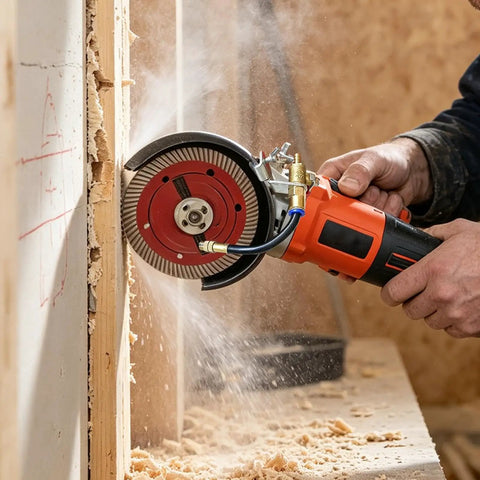 Heavy Duty Angle Grinder Water Attachment With Brass Adjustable Nozzle And Flexible Hose For Dust Suppression and Slick Wet Cutting Tile Work That Runs Nice And No Sweat in action cutting through a wall.