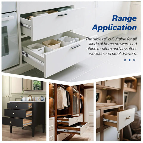 6 Pairs 22 Inch Soft Close Drawer Slides Ball Bearing Cabinet Rails Silent Hydraulic Side Mount Hardware Zero Slam Smooth Glide installed in drawers.