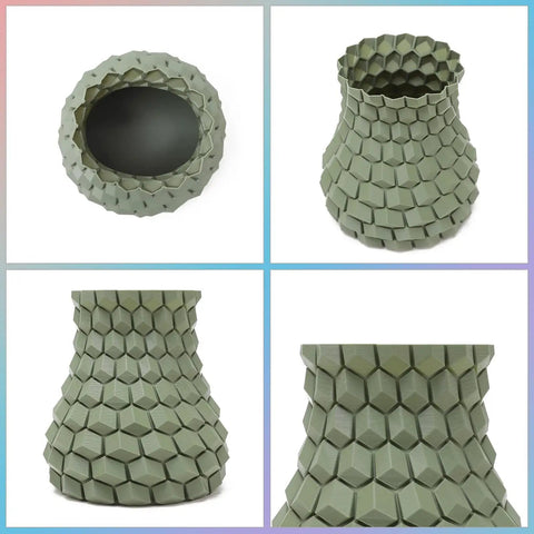 Solid High Speed PLA Plus Filament 1.75Mm 1Kg Olive Green Spool 3D printed hexagonal vase from multiple angles.
