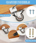 Image showing installation of caster wheels using screws and bolts. Visible: metal bracket, wooden surface, drill, and screws.