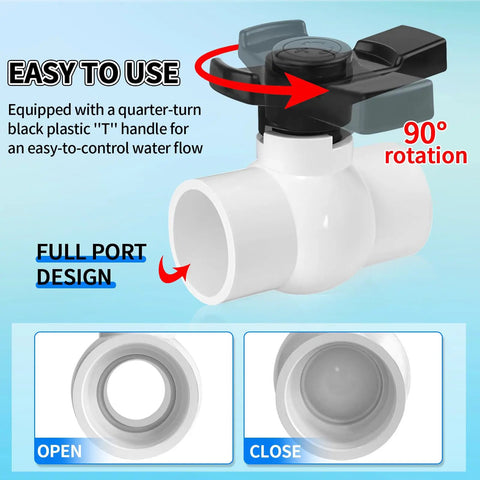 2 Inch Slip PVC Ball Valve Set With Double Socket Full Flow Port, Two-Pack 2'' Shut Off Valves With T-Handle SCH40
