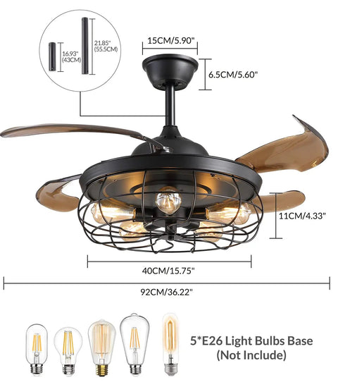 36 Inch Retractable Blade Ceiling Fan With Lights Remote Control, Industrial Farmhouse Chandelier Vibe, E26 Bulbs