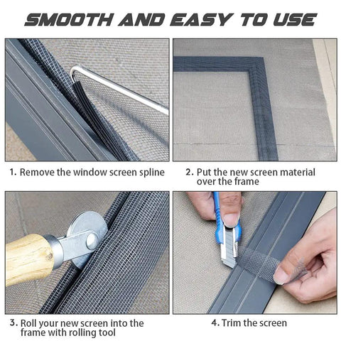 Step-by-step instructions for No Brainer Handy DIY Window And Patio Screen Repair Kit with 36 by 90 inch fiberglass mesh, tool, and spline.