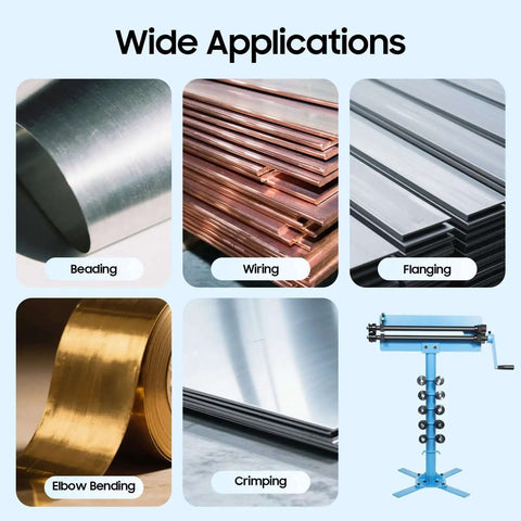 Illustration of Heavy Duty Bead Roller Machine Manual Sheet Metal Bead Roller 19.29 Inch with images of various metalworking applications.