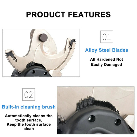 Close-up of Workhorse EC65M Ratcheting Cable Cutter Kit showing alloy steel blades and built-in cleaning brush features.