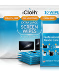 Package of XL Screen Cleaning Wipes for TVs and Monitors, Streak Free and Fast Drying, Deionized Water Formula, 10 Wipes