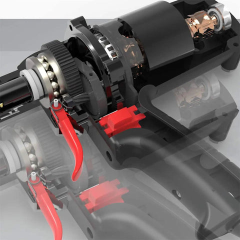 Close-up of Heavy Duty Electric Blind Riveter 600 Watt Power Tool showing internal mechanics and red handles.
