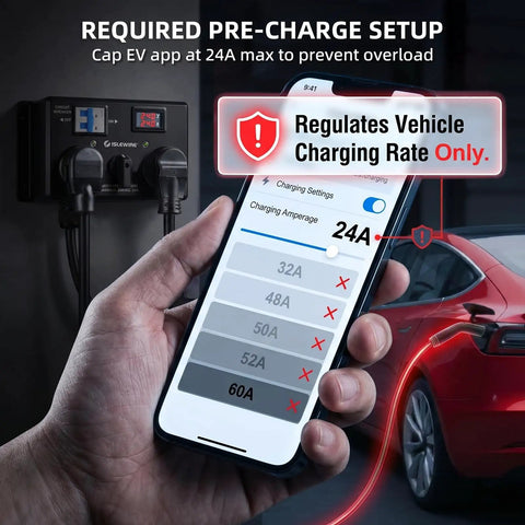 Manual Electric Vehicle Charging Switch For Dryer And Daily Charger, 24Amp 240V Power Splitter With Safety Breaker, Hand Rotated Toggle, Plug And Play Nema 14-30 To 14-50 Adapter, Smooth Operator Design No Sweat Setup with smartphone app showing charging settings.