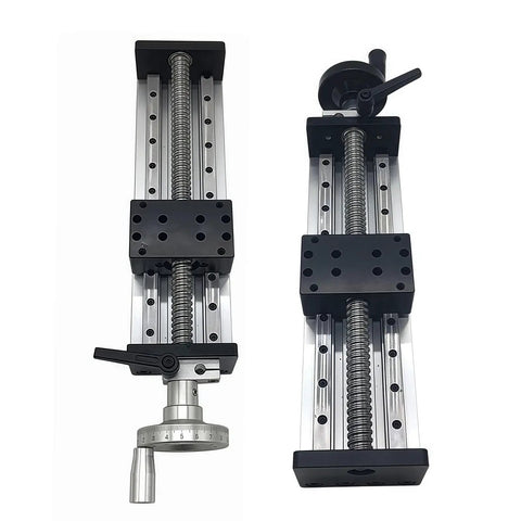 4 Inch Stroke Manual Linear Motion Guide Table With Heavy Duty Pro Grade Dual Axis Slide Rail SFU1605 C7 Ball Screw CNC Linear Stage Module With Handwheel displayed.