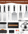 Blackstone Griddle Accessories Kit 27Pcs with spatulas, scraper, grill press, basting cover, tongs, shown with size in inches