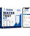 Hella Reliable Home Water Quality Test Kit That Checks 57 Contaminants For Clean Tap And Well Water With Accredited Lab Reports and smartphone report display.