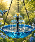 3 Tier Solar Powered Hanging Bird Bath Fountain With Blue Bowl For Hummingbirds, Outdoor Garden Patio Yard Decor, water flowing
