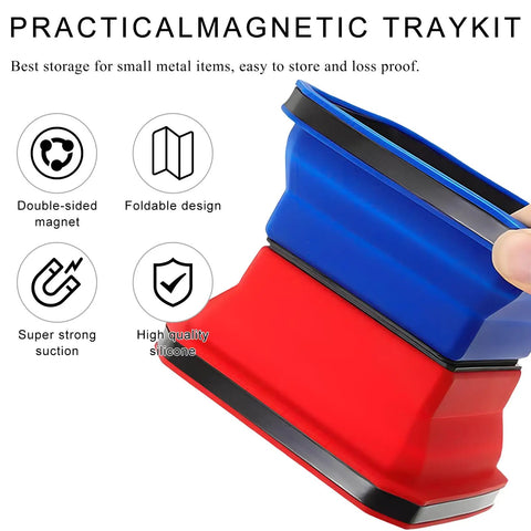 Must Have Collapsible Magnetic Parts Tray With Double Sided Magnetic Base Four Point Five Inch Silicone Bowls Foldable Organizer For Bolts Nuts Screws Pins And Washers Car Accessories Red, showing stackable design