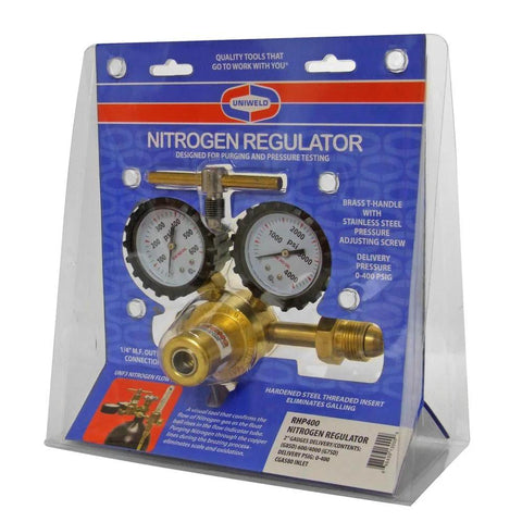 Uniweld nitrogen regulator, RHP400, brass body with dual gauges, CGA580 inlet, 1/4-inch male flare outlet