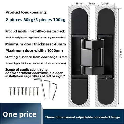 Sleek Concealed Door Hinge Featuring A Tight Cross Shaped Wooden Pull Handle For Dead Simple Hidden Wall Integration And Heavy Duty Smooth Ride Performance Indoors, with dimensions and installation accessories.