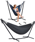 2 In 1 Portable Hammock With Stand Included Convertible Double Hammock To Hammock Chair Outdoor Patio Lounger For Backyard Camping Sunroom Patented Adjustable Stand Dark Grey