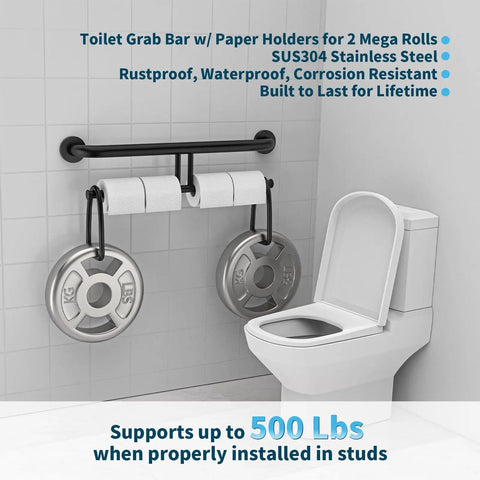 No Sweat Matte Black Grab Bar With Double Toilet Paper Roll Holder Combo Built From Hardened 304 Stainless Steel and finished with slick rust proof coating for smooth wall mounting.