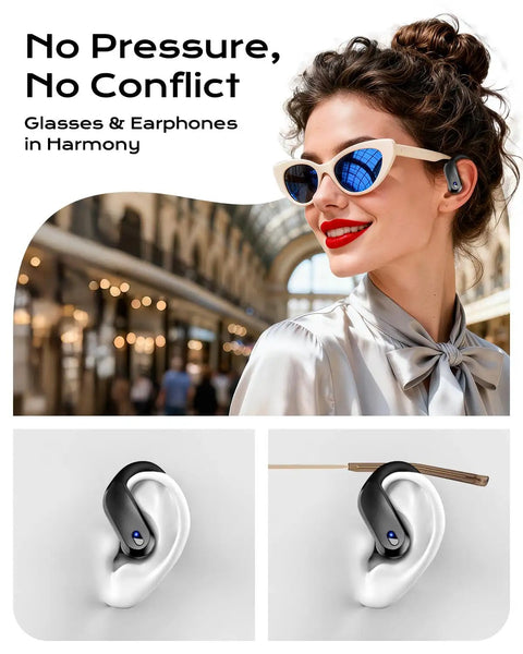 Bluetooth 5.4 Wireless Earbuds With Secure Ear Hooks For Running And Workouts shown on mannequin ears and worn by woman with sunglasses.