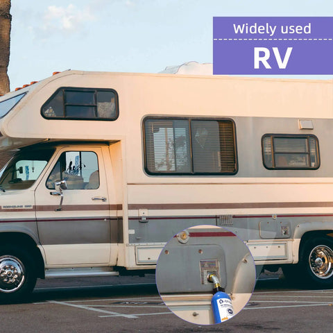 Heavy Duty Inline RV Water Filter With Hose Protector Quick Twist Fit installed on side of RV for clean water access.