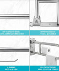 Close-up of Flip Up Toilet Grab Bar With Built In Tissue Holder And Non Slip Knurled Grips Solid Bathroom Safety Rail Heavy Duty Support.
