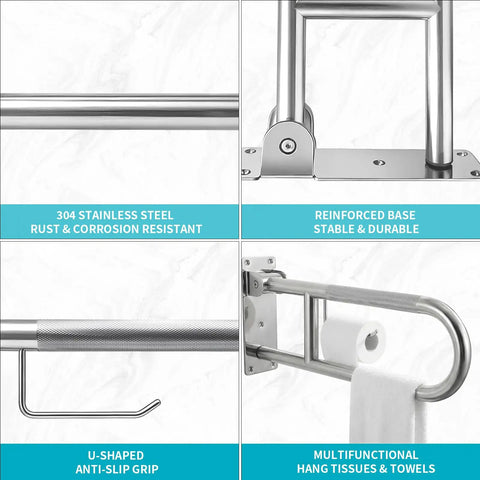 Close-up of Flip Up Toilet Grab Bar With Built In Tissue Holder And Non Slip Knurled Grips Solid Bathroom Safety Rail Heavy Duty Support.