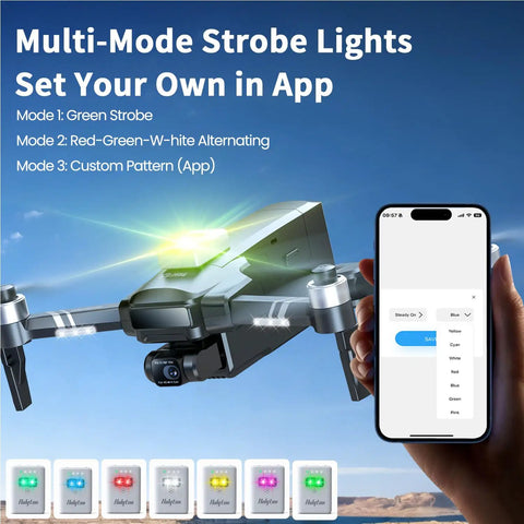 FAA Compliant Remote ID Module With Buzzer And Strobe for drones, shown with smartphone app controlling strobe settings, flying in sky.