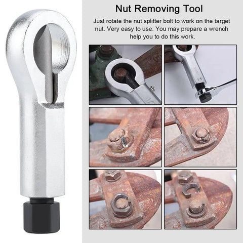 Beast Mode Heavy Duty Nut Splitter showing tool and rusted nuts in removal process for auto and DIY repairs.