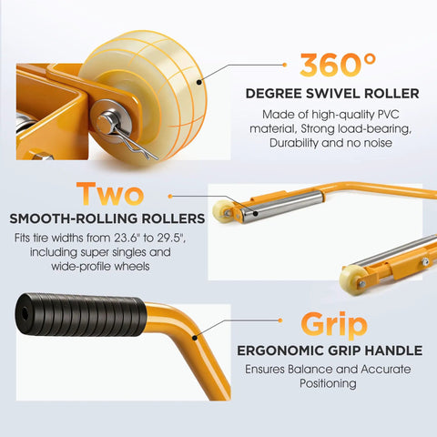 Close-up of Heavy Duty Tire Dolly Rolling Cart for Fleet Trucks, showcasing 360° swivel rollers and ergonomic handle.