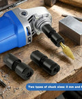 Two Pack Versatile Angle Grinder To Die Grinder Adapter Kit with 5/8-11 thread, collets, metal rod, rotary burrs on workbench.