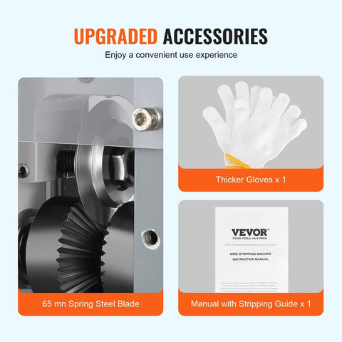 Heavy Duty Electric Wire Stripper Machine Automatic Cable Prep Tool With 180W Motor accessories: steel blade, gloves, instruction manual.