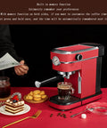 Premium Semi Automatic Espresso Machine With 15 Bar Pressure And 1.1 Liter Tank And Auto Shut Off Switch For Smooth Weekend Grinds And Easy Dual Cup Drip Sessions In Any Slick Home Kitchen Setup Available In Retro Red Or Matte Black, shown brewing coffee.