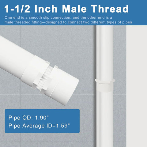 Two Pack One And A Half Inch PVC Male Thread Fittings With Slip Socket Two Way Pipe Couplers For Schedule Forty PVC White