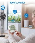 Smart Wireless Timer Outlet Expandable To 19 Plugs Plug And Play Scheduling Live Energy Tracker Remote Countdown Switch No Sweat Routine Programming For Lamps Fans And Pets Two Pack with remote control and standing fan.