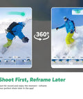 Weatherproof 5.7K 360 Video Action Camera Creator Bundle capturing snowboarding with 72MP 360 photos and AI tracking