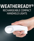 Hand holding a white Six Pack Auto On Rechargeable LED Flashlight for Power Outages, compact and handheld size, with light on.