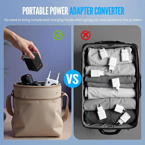 Universal Travel Adapter With Three USB Ports And One Type C Port, compact in a bag versus multiple chargers in luggage.