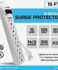 Long Reach 50 Foot 6 Outlet Surge Protector Power Strip With Lighted On And Off Switch 350 Joules 15 Amp 120 Volt 14 Gauge Wire Mounting Holes White Finish shown with specifications.