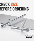 100 Piece Aluminum Blind Rivets One Quarter X Three Quarters Inch With Steel Mandrels on metal sheet showing size comparison.