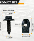 Premium Fifty Piece One Quarter Inch Universal U Nut Clips And Hex Head Bolts For Auto Body Repair Fender Liners Bumpers Wheel Arches, showing detailed dimensions of bolt and clip.