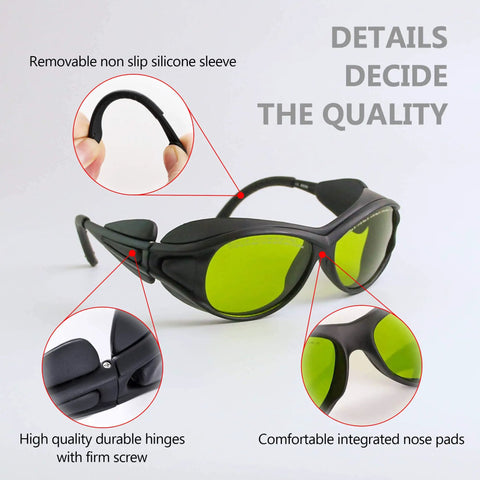 Killer OD6 Plus Laser Safety Glasses feature durable hinges, removable silicone sleeve, and integrated nose pads for comfort.