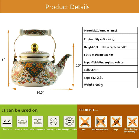Floral Enamel Tea Kettle With Ceramic Handle Two And A Half Liter Capacity Vintage Gold Beige Boho Porcelain Teapot For Stovetop Tea Or Coffee