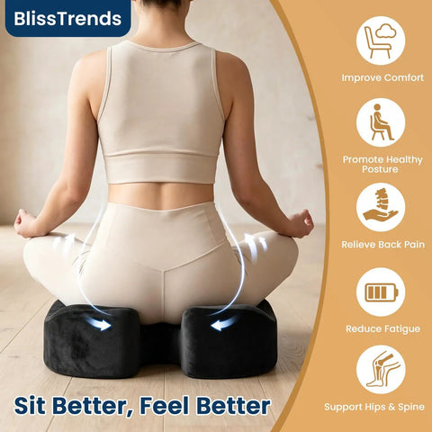 Kick Sciatica To The Curb With This Ergonomic Memory Foam Seat Cushion For Office Chair And Car Seat featuring a woman sitting on it for comfort.