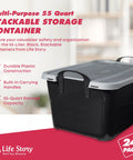 Heavy Duty 24 Pack Stackable Storage Bins 55 Quart Home Organizers with durable black plastic and builtin handles.