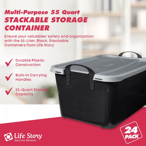 Heavy Duty 24 Pack Stackable Storage Bins 55 Quart Home Organizers with durable black plastic and builtin handles.