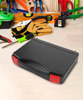 Portable Plastic Toolbox With Grip Handle, Heavy Duty Hard Shell Organizer For Mechanics on a workbench with tools.