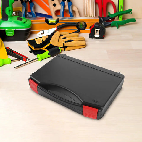 Portable Plastic Toolbox With Grip Handle, Heavy Duty Hard Shell Organizer For Mechanics on a workbench with tools.
