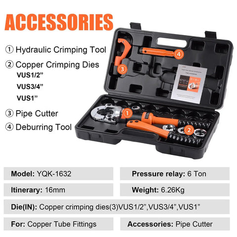 Open case of Pro Press Copper Pipe Crimp Tool Kit With Three Dies For One Half Inch, Three Quarter Inch And One Inch PEX Plumbing
